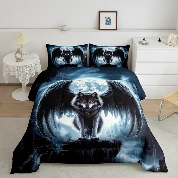 3D Wolf Comforter Set Twin Size,Trippy Animals Bedding Set 2Pcs,Black Wings Wolf Quilt Set Men Adult Room Decor,Horror Moonlit Night Dark Duvet Insert,1 Pillowcase