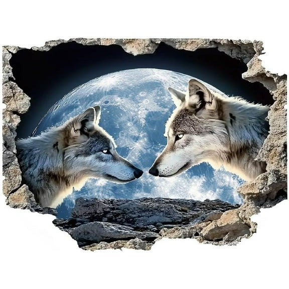 3D Wolf Wall Sticker Forest Animals Decals Stickers Moon Break Through The Wall Animal Funny Vinyl DIY Art Peel and Stick Decor