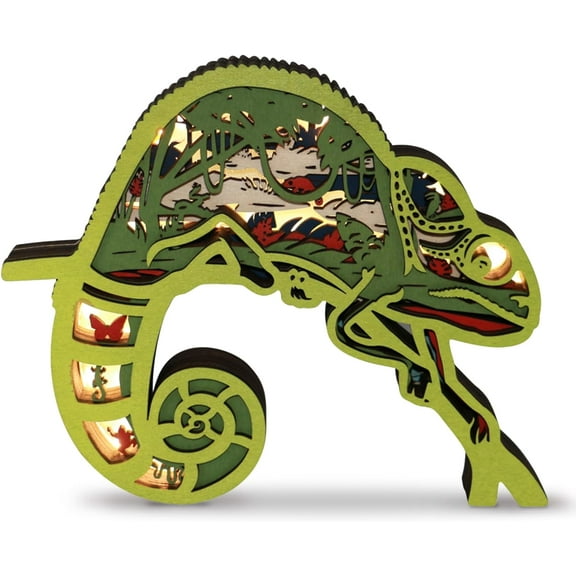 3D Wooden Animals Carving LED Night Light, Chameleon Decor Wood Carved Lamp Cabin Statues Wall Hanging Figurine Forest Sculpture Silhouette Ornament for Living Room Bedroom Office for Birthday Gift