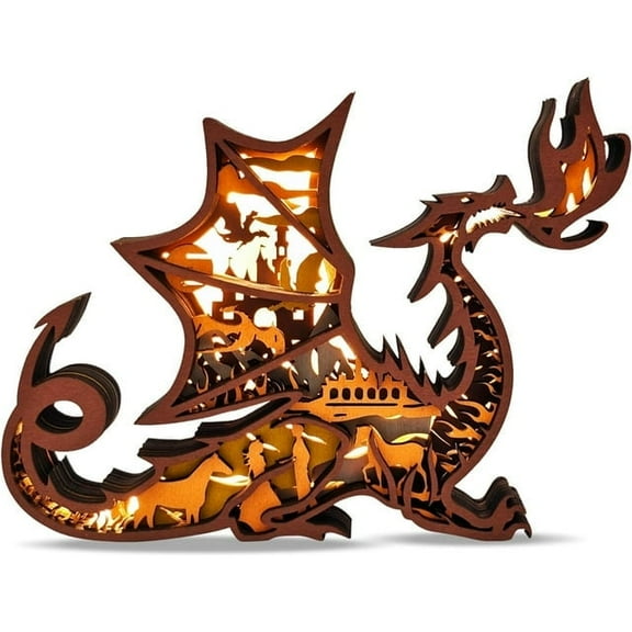 3D Wooden Animals Carving LED Night Light, Dragon Decor Wood Carved Lamp Cabin Statues Rustic Figurines Wall Hanging Sculpture Silhouette Ornament for Living Room Bedroom Home Room for Birthday Gifts