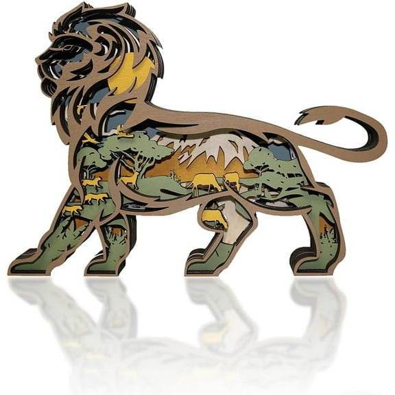 3D Wooden Animals Carving LED Night Light, Lion Decor, Wood Carved Lamp, African Savanna Statues, Rustic Figurines Hanging Sculpture, Silhouette Ornament for Living Room Bedroom Home Room for present