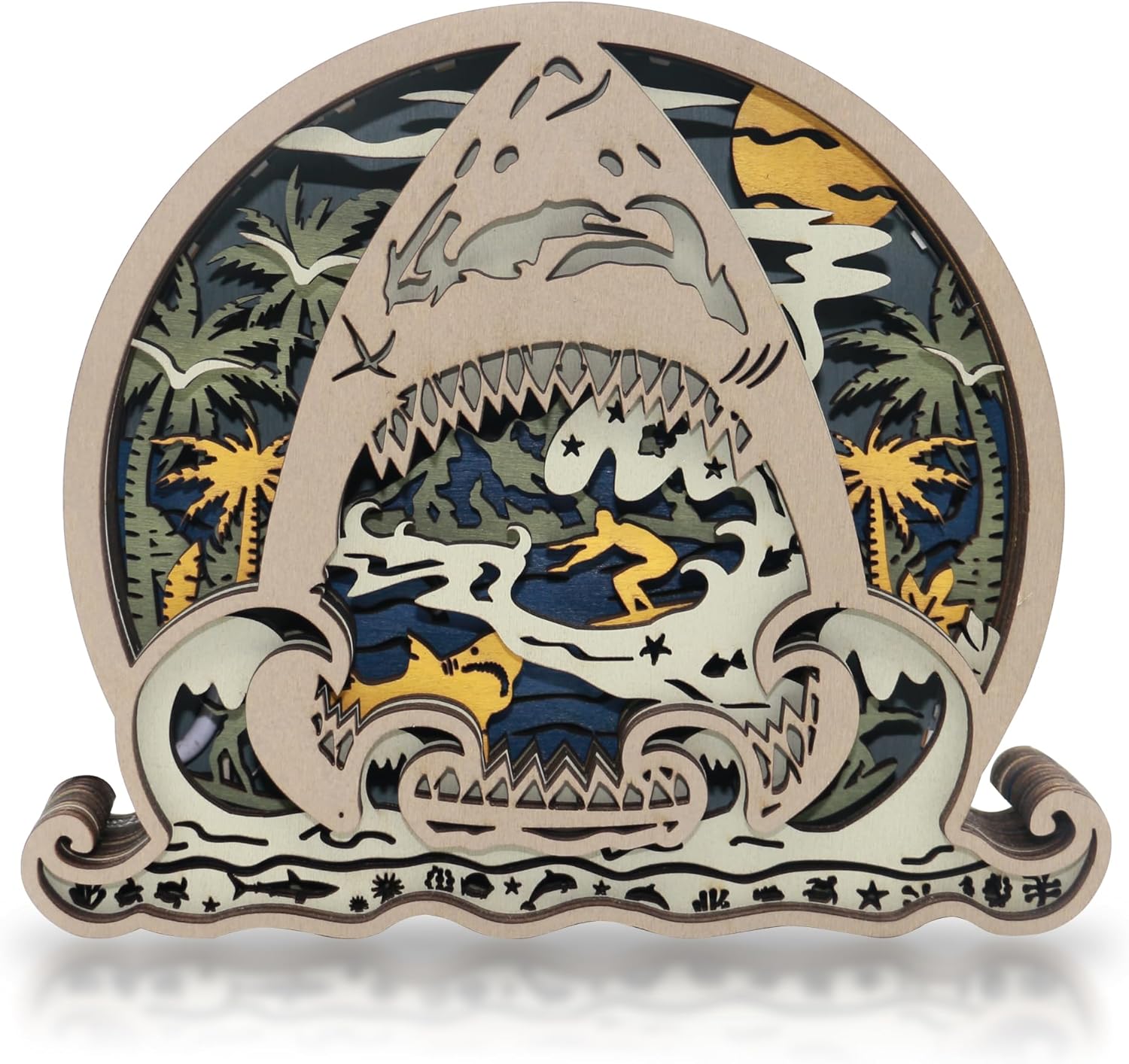 3D Wooden Animals Carving LED Night Light, Shark Decor Wood Carved Lamp