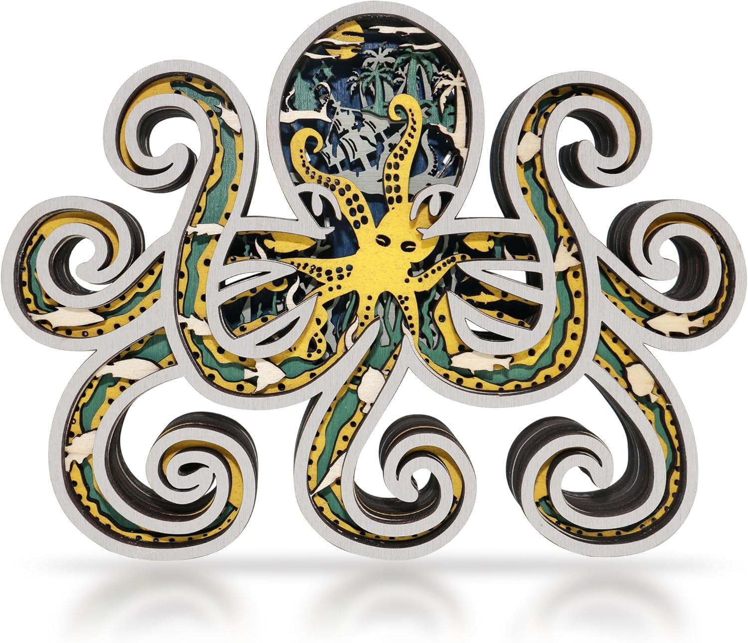 3D Wooden Animals Carving, Octopus Decor MultiLayered Wood Carved