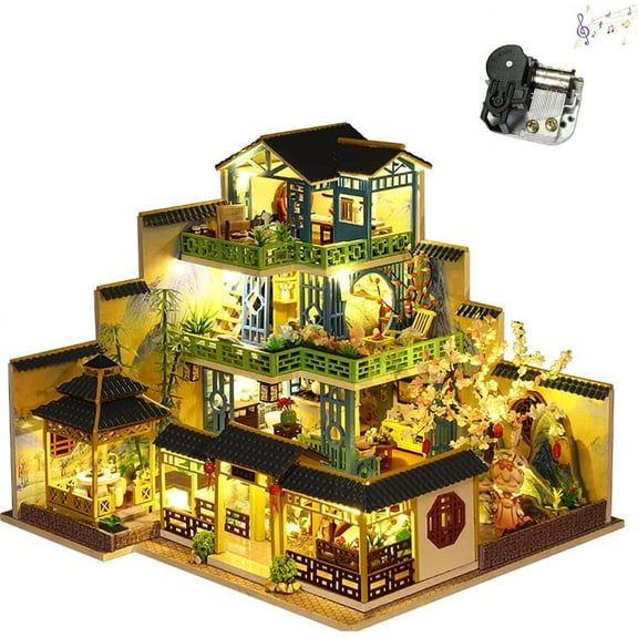 3D Wooden Assembly Dollhouse kit DIY Miniature Chinese Antique Painting Style Courtyard Scene Building with Dust Cover and Music Creative Gift (P013-Y)