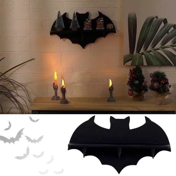 3D Wooden Bat Display Shelf,Gothic Wall Hanging Decor for Stones,Crystals,and Essential Oils-as show