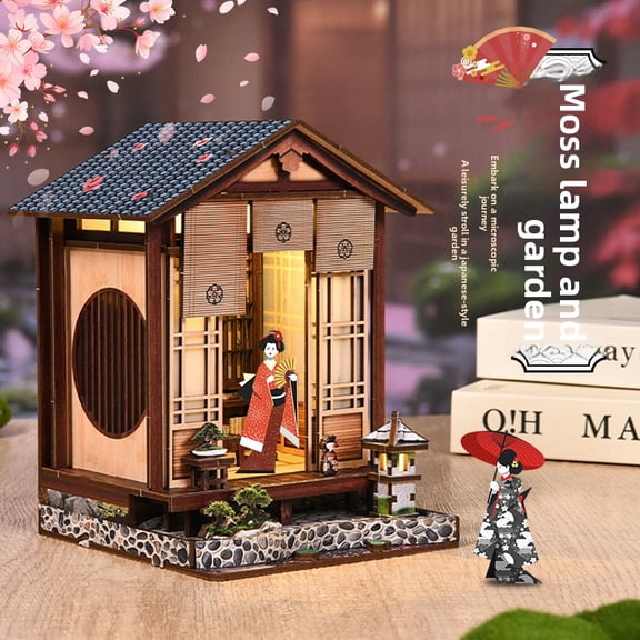 3D Wooden Book Nook Kit - Traditional Kyoto Zen Tea House Miniature Diorama with LED Lights - Artistic DIY Bookshelf Insert Craft Kit for Adults and Hobbyists 14+
