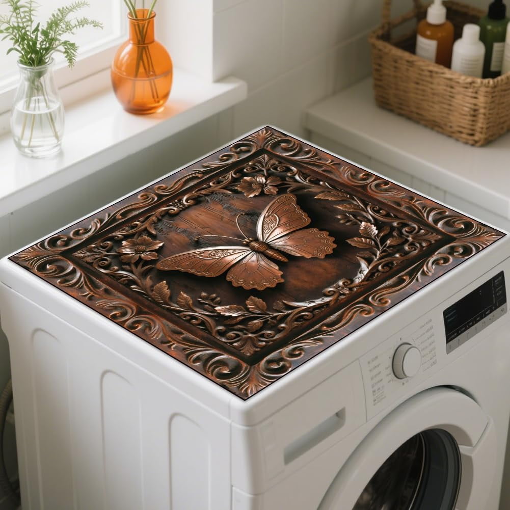 3D Wooden Butterfly Laundry Washer Dryer Dust Cover Mat 23.6x23.6inch Retro Wood Carving Effect Washing Machine Top Protector Pads