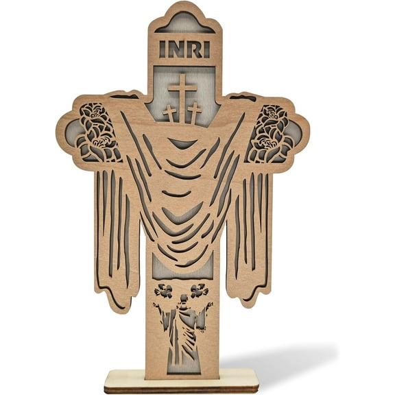 3D Wooden Carving, Cross Catholic Decor, Multi-Layered Wood Carved Statues, Rustic Figurines, Wall Hanging Sculpture, Silhouette Ornament Art for Living Room Bedroom Home Room Kids Room for Presents