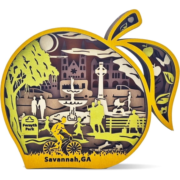 3D Wooden Carving LED Night Light, Savannah Cityscape Peach Decor, Wood Carved Lamp Cabin Statues, Figurines Wall Hanging Sculpture, Silhouette Ornament for Living Room Bedroom Home Room for Presents