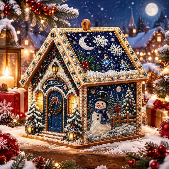 3D Wooden Christmas House Diamond Art Kit, Pearl Rhinestone DIY Ornament, Diamond Painting Holiday Decor, Adult Craft Kit