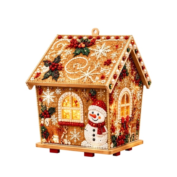 3D Wooden Christmas House Diamond Painting Kit, DIY Rhinestone Craft Ornament with Stand & Hanging Loop, Winter Holiday Decor Gift for Adults Kids Home Tabletop Display
