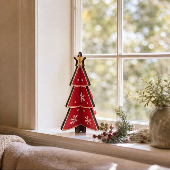 3D Wooden Christmas Tree Tabletop Decor, Rustic Solid Wood Interlocking Ornament for Mantel Shelf Desk Centerpiece Farmhouse Holiday Display, 2Pack