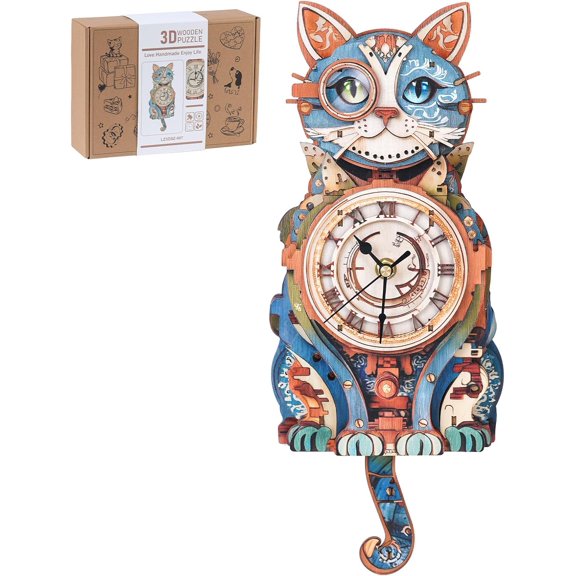 3D Wooden Detective Cat Wall Clock Kit with Pendulum and Roman Numeral Dial