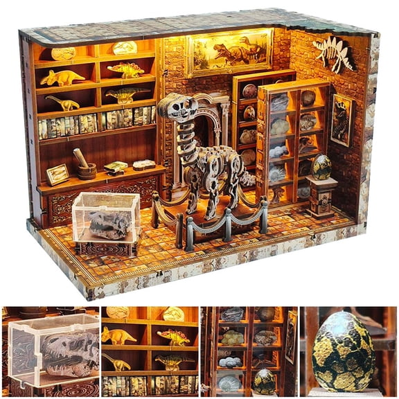3D Wooden Dinosaur Institute Book Nook Puzzle - LED Light-Up Mini Museum for Bookshelf Decor