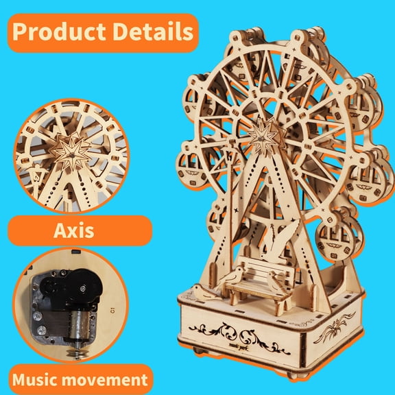 3D Wooden Ferris Wheel Music Box Puzzle Kit - DIY Craft Handmade Model, Birthday Gift for Women