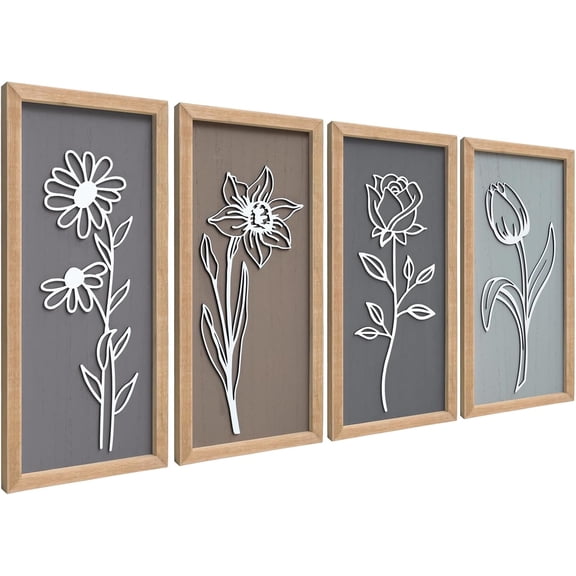 3D Wooden Floral Framed Wall Decor of 4, 7"X16" Farmhouse Vintage Boho Minimalist Flower Wall Art for Living Room, Rustic Retro Moody Vertical Tulip Rose Daisy Daffodil Botanical Wall Sculptures