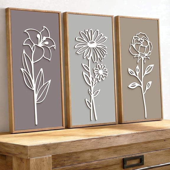 TOARTi 3D Wooden Floral Framed Wall Art Boho Minimalist White Flower Sculpture Botanical Wall Decor Set of 3 for Living Room Bedroom Farmhouse 8x16 Inch