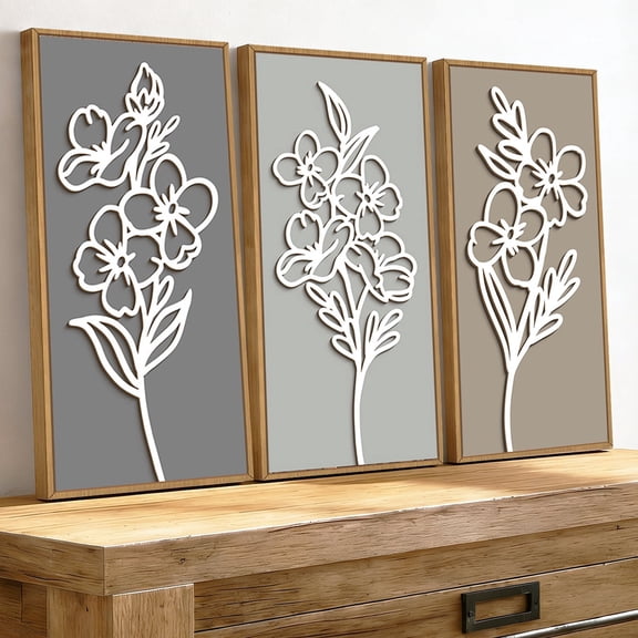 TOARTi 3D Wooden Floral Wall Art Framed Minimalist Flower Boho Rustic Botanical Sculpture Set of 3 For Living Room Bedroom Farmhouse 8x16 Inch