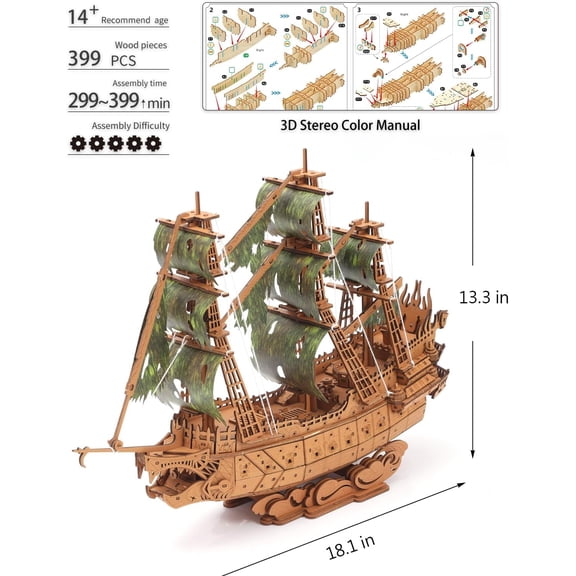 3D Wooden Flying Dutchman Pirate Ship Puzzle Kits for Adults to Build - Ideal Model for Puzzle Building Enthusiasts