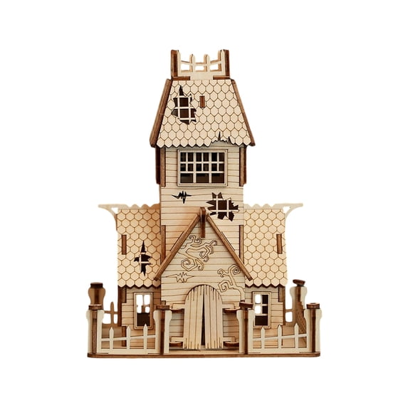 3D Wooden Halloween House Puzzle – Creative Educational DIY Assembly Model Kit, Spooky Holiday Desktop Display Decor