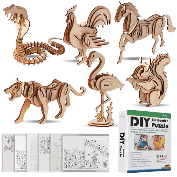 3D Wooden Puzzle 6 Pieces Set Animals Assembly DIY Craft Kit Model Toy for Kids and Adults