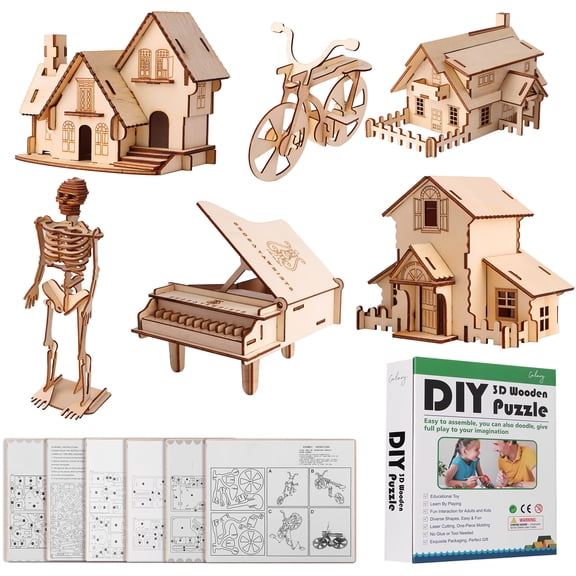 3D Wooden Puzzle 6 Pieces Set House & Bike & Piano & Human Skeleton Assembly DIY Craft Kit Model Toy for Kids and Adults