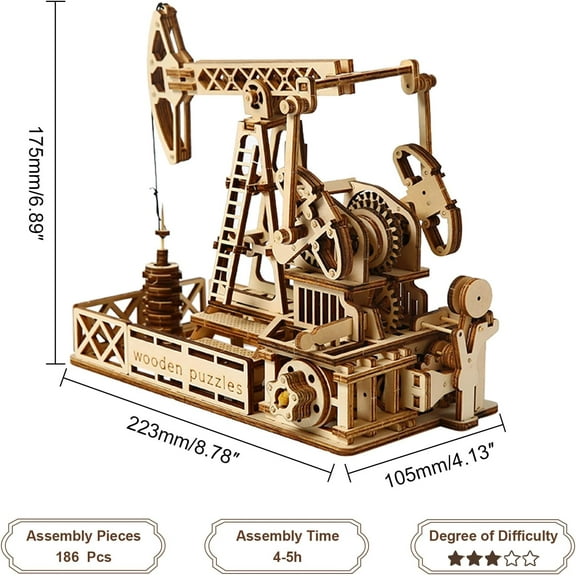 3D Wooden Puzzle for Adults, Mechanical Oil Well Drilling Rig Puzzle, DIY Vehicle Model Building Kit Handicraft Wood Craft Hobbies Toy, Birthday for Hobbyist 14+ Family Women Men, 186 Pcs