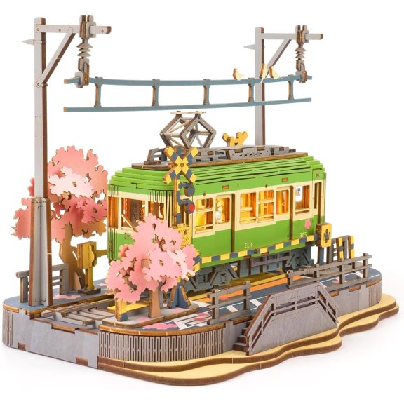 3D Wooden Puzzle for Adults, Sakura Journey Tram DIY Model Building Kits with LED Lights, Creative Kids Craft Hobby Gift and Brain Teaser Home Decor Assembly Toy