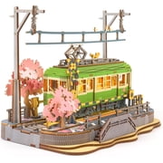 3D Wooden Puzzle for Adults, Sakura Journey Tram DIY Model Building Kits with LED Lights, Creative Kids Craft Hobby Gift and Brain Teaser Home Decor Assembly Toy