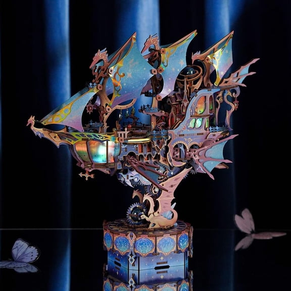 3D Wooden Puzzle Airship Model Kit, Transmission Model Fantasy Ship Spaceship with Music, Movable Building Kit Starlight Craft Mechanical Decor Idea Gift for Adults - Magical Galaxy