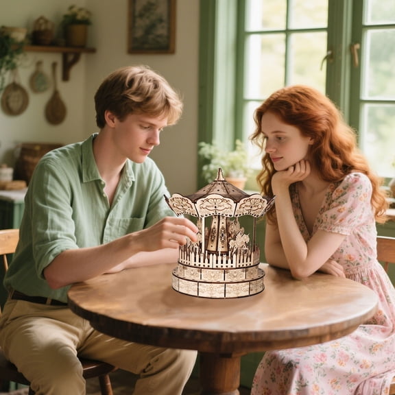 3D Wooden Puzzle Carousel Music Box Christmas Gift Handmade Assembly Model Kit Holiday Birthday Gifts