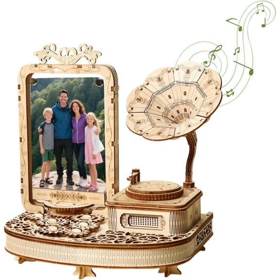3D Wooden Puzzle Gramophone for Adults  DIY Mechanical Music Box Kit with LED Lights & Rotating Photo Frame, Creative Building Model Sets Gift for Teens, Men & Women