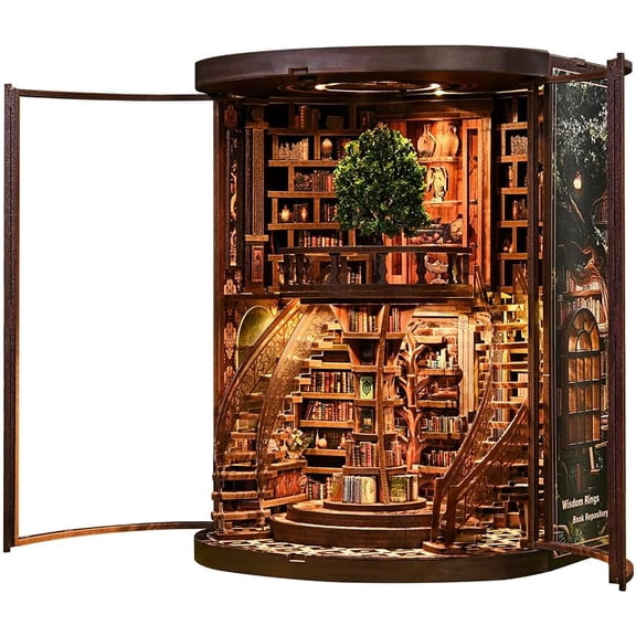 3D Wooden Puzzle Led Lighting Book Nook Library DIY Miniature Library Model Kit with LED Lights 356 Pieces