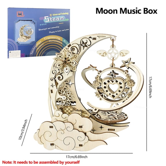 3D Wooden Puzzle Moon Star Music Box DIY Assembly Rotating Craft Decoration STEAM Educational Toys Gift for Adults Teens Kids