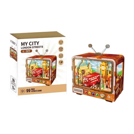3D Wooden Puzzle,My City Theme 3D Build Wooden Jigsaw Puzzle with LED Lights, DIY Craft Model Kit for Adults,DIY Wooden TV Ornament Creative Home Decor Gift