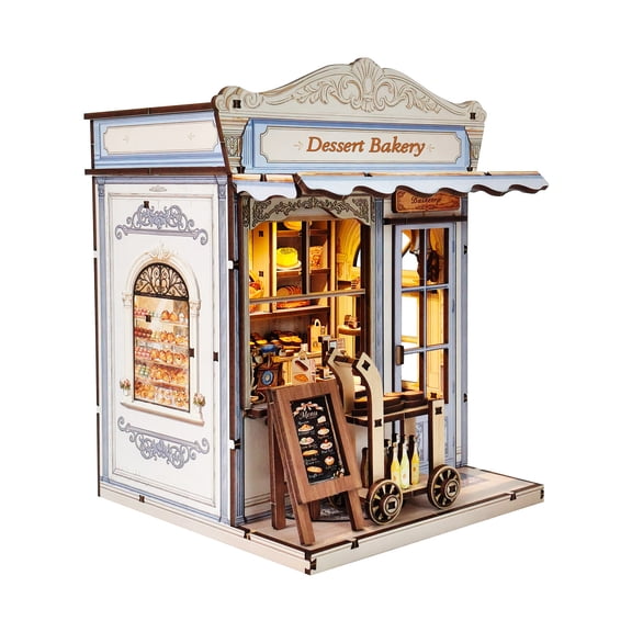 3D Wooden Puzzle Rustic Grain Bakery Book Nook with LED Lights - DIY Cozy Dessert Shop Miniature Dollhouse Kit, Stress-Relief Building Model for Adults, Creative Home Decor & Gift