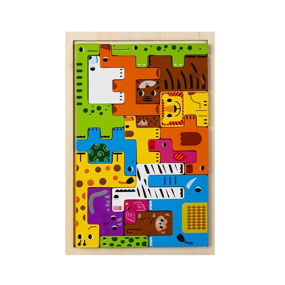 3D Wooden Puzzle Set Educational Animal Ocean People Transportation Building Block Gift, Animal Theme
