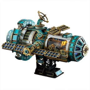 3D Wooden Puzzle Space Station Model Kit with LED Light, DIY Mechanical Orbital Building Set, Sci-Fi Desktop Decor for Adults (White)