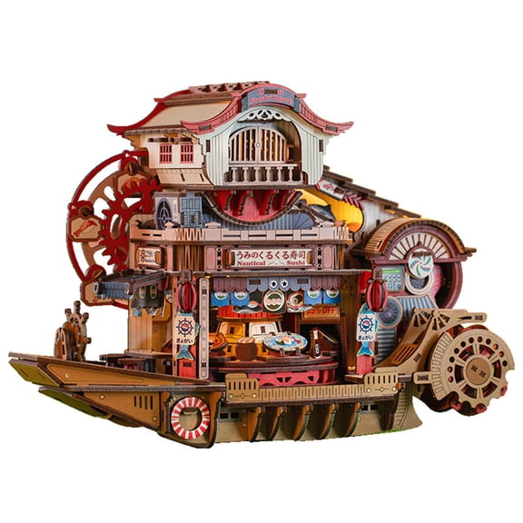 3D Wooden Puzzle Sushi Boat Model Kit with Light & Rotation, DIY Mechanical Conveyor Belt Ship, Creative Desktop Decor and Gifts