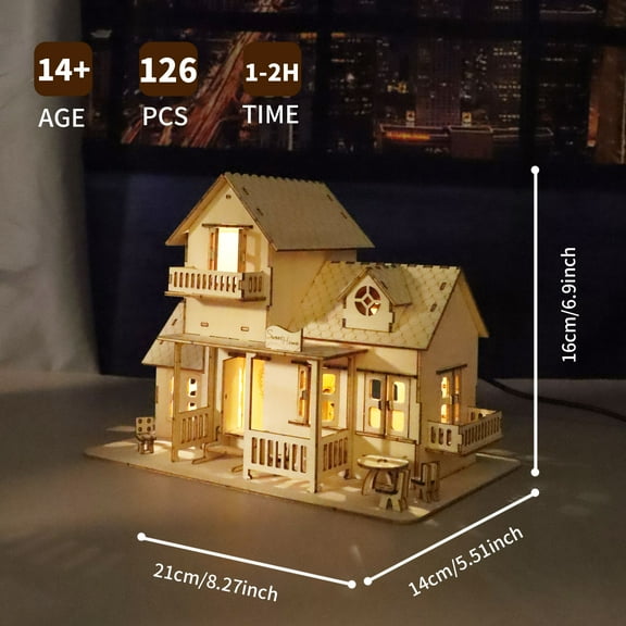 3D Wooden Puzzle Sweet Home Music Box - Handcraft Miniature Dollhouse Kit with LED Night Lights DIY House Building, Christmas Gift