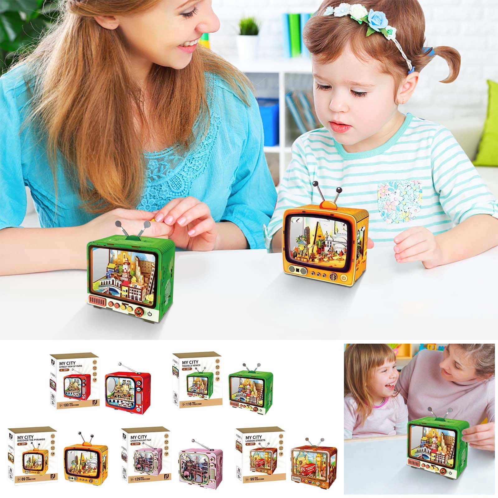 3D Wooden Puzzle TV Building Model, City Theme Architectural Toy with LED Light, Assembly Building Blocks Kit for Teens Adults, Educational Home Decor Gift