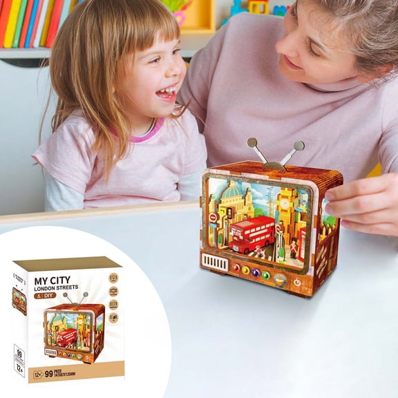 3D Wooden Puzzle TV Building Model, City Theme Architectural Toy with LED Light, Assembly Building Blocks Kit for Teens Adults, Educational Home Decor Gift