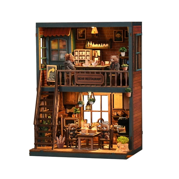 3D Wooden Puzzles DIY Book Nook Kit, Cute Bear Mealtime Miniature Bookend with LED Light, Hand-Assembled Model for Bookshelf Decor, Creative Gift for Adults