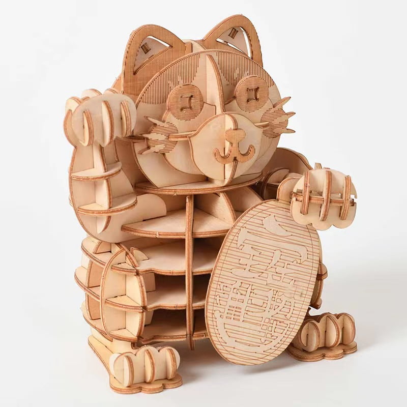 3D Wooden Puzzles Lucky Cat DIY Wood Craft Model Kit Gift for Teens