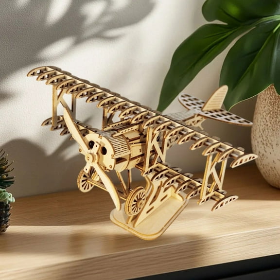 3D Wooden Puzzles - Vintage Bi-Plane Model Kit, DIY Aircraft Assembly & Collectible Display, Birthday Christmas Gift for Adults