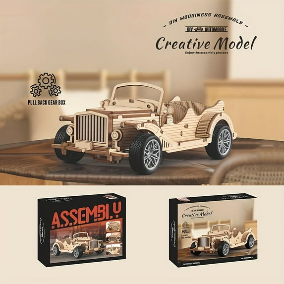 3D Wooden Puzzles Vintage Car Model for Adults, 65pcs Pull Back Toys Car Building Kits for Adults to Build, Desk Decor/DIY Hobbies/Gifts for Boys and Men