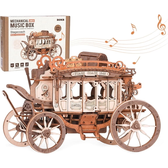 3D Wooden Puzzles for Adults-Stagecoach Music Box Kit-DIY Wood Model Kits for Adults-Toy Gifts for Ages 14 and Up