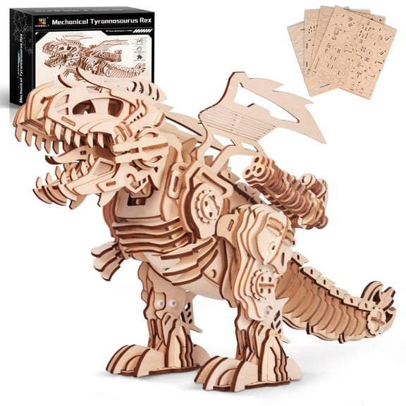 3D Wooden Puzzles for Adults - T-Rex Dinosaur Model Kits can Walk and Roar