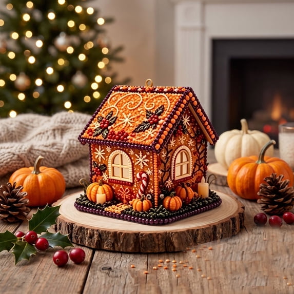 3D Wooden Thanksgiving House Diamond Art Kit, Pearl Rhinestone DIY Ornament Pearl Ornament, Diamond Painting, Holiday Decor, for Beginning Adult Craft Kit