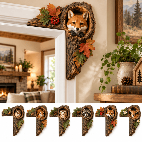 3D Woodland Animal Door Topper, Rustic Tree Hollow Doorway Decor with Cute Forest Character Accent for Entryway Living Room Farmhouse Home Decoration, Fox